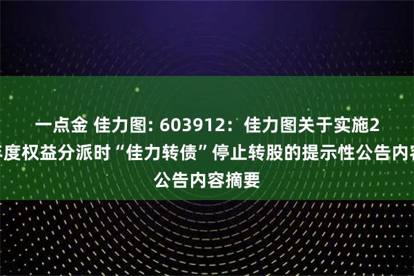 一点金 佳力图: 603912：佳力图关于实施2024年度权益分派时“佳力转债”停止转股的提示性公告内容摘要